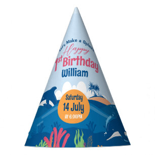 1st Birthday Fun and Colorful Dolphins Celebration Party Hat
