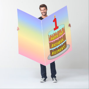 1st Birthday: Fun Cake & Candle, w/ Custom Name Card