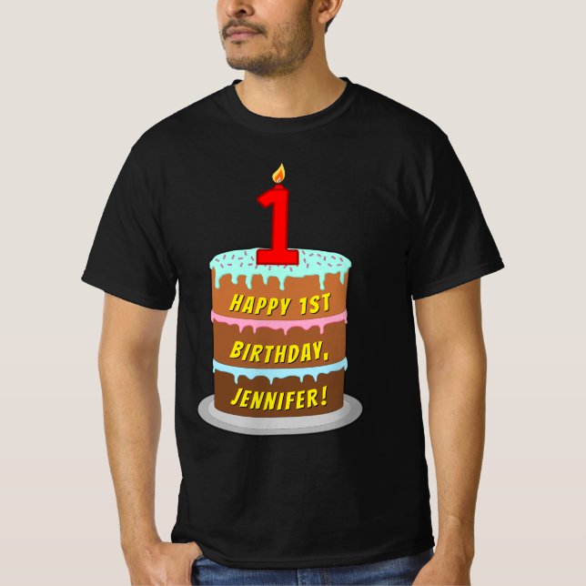 1st Birthday — Fun Cake & Candle, w/ Custom Name T-Shirt (Front)