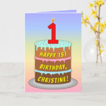 [ Thumbnail: 1st Birthday — Fun Cake & Candle, With Custom Name Card ]
