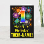 [ Thumbnail: 1st Birthday: Fun Fireworks Pattern + Rainbow 1 Card ]