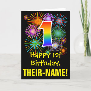 1st Birthday: Fun Fireworks Pattern + Rainbow 1 Card