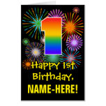 [ Thumbnail: 1st Birthday: Fun Fireworks Pattern & Rainbow 1 Card ]