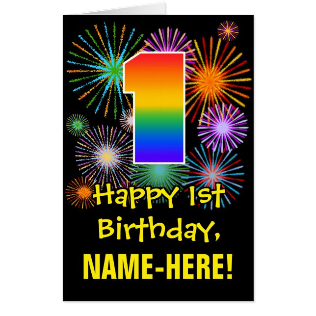 1st Birthday: Fun Fireworks Pattern & Rainbow 1 Card (Front)