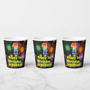 1st Birthday: Fun Fireworks Pattern + Rainbow 1 Paper Cups