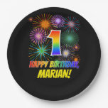[ Thumbnail: 1st Birthday: Fun Fireworks Pattern + Rainbow 1 Paper Plates ]