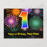 [ Thumbnail: 1st Birthday – Fun Fireworks Pattern + Rainbow 1 Postcard ]