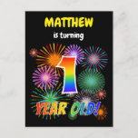 [ Thumbnail: 1st Birthday - Fun Fireworks, Rainbow Look "1" Postcard ]