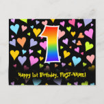[ Thumbnail: 1st Birthday: Fun Hearts Pattern, Rainbow 1 Postcard ]