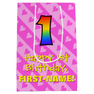 1st Birthday: Fun Pink Hearts Stripes & Rainbow 1 Medium Gift Bag