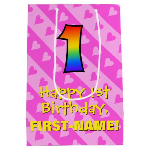 1st Birthday Fun Pink Hearts Stripes  Rainbow 1 Medium Gift Bag