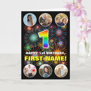 1st Birthday: Fun Rainbow #, Custom Name & Photos Card