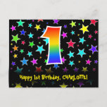 [ Thumbnail: 1st Birthday: Fun Stars Pattern, Rainbow 1, Name Postcard ]