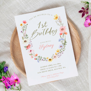 1st Birthday Garden Party Wildflower Watercolor Invitation