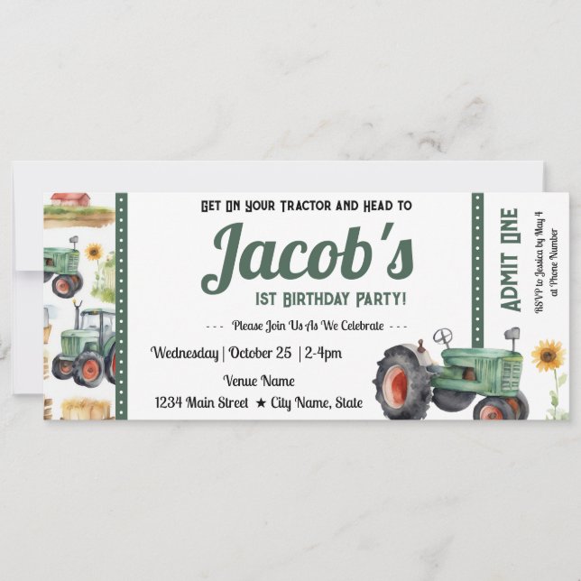 1st Birthday Get Your Tractor Ticket Invitation (Front)