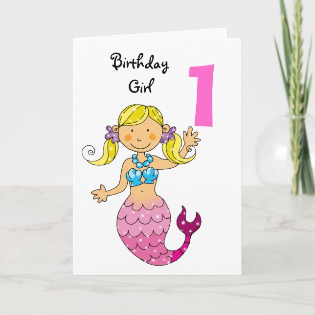 1st birthday gift for a girl, cute mermaid card (Front)