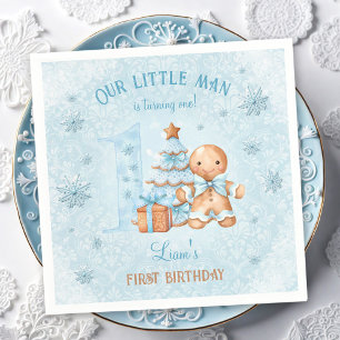 1st Birthday Gingerbread Man Boy Blue Christmas Napkins