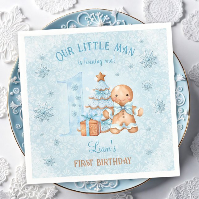 1st Birthday Gingerbread Man Boy Blue Christmas Napkins (1st Birthday Gingerbread Man Boy Blue Christmas Napkins)