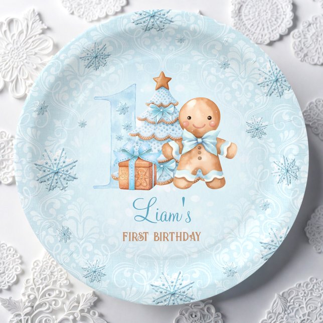 1st Birthday Gingerbread Man Boy Blue Christmas Paper Plates (1st Birthday Gingerbread Man Boy Blue Christmas Paper Plates)