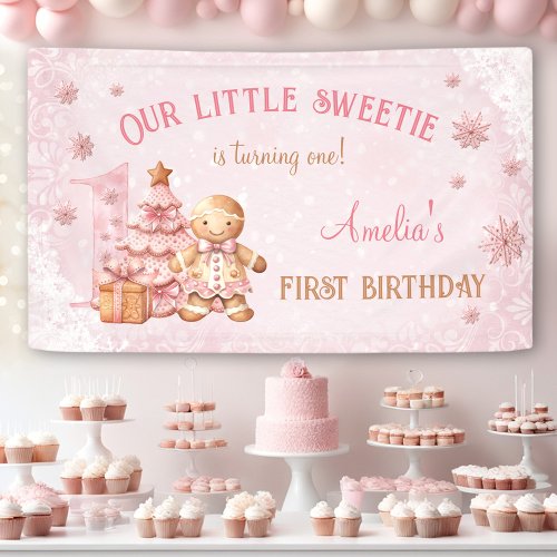 1st Birthday Gingerbread Man Girl Pink Christmas Banner