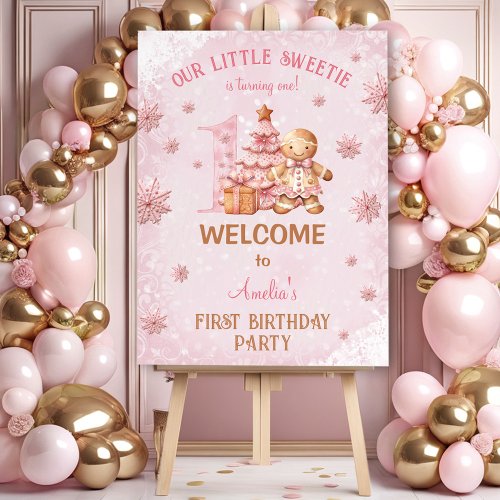 1st Birthday Gingerbread Man Girl Pink Christmas Foam Board