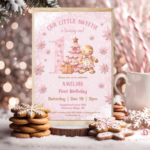 1st Birthday Gingerbread Man Girl Pink Christmas Invitation