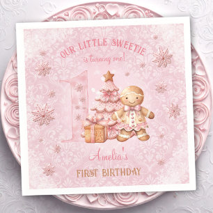 1st Birthday Gingerbread Man Girl Pink Christmas Napkins