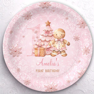1st Birthday Gingerbread Man Girl Pink Christmas Paper Plates
