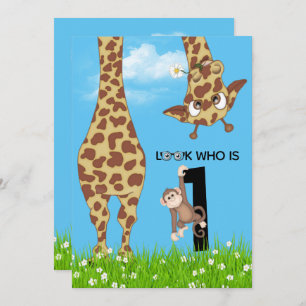 1st Birthday Giraffe and Monkey in Grass Invitation