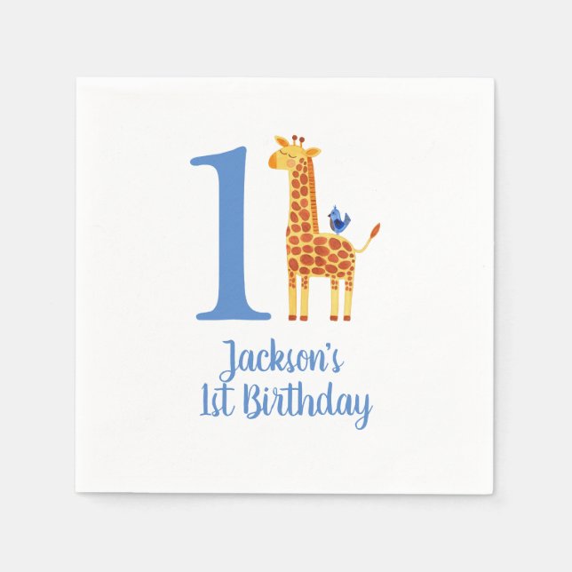 1st Birthday Giraffe & Bird Napkins (Front)