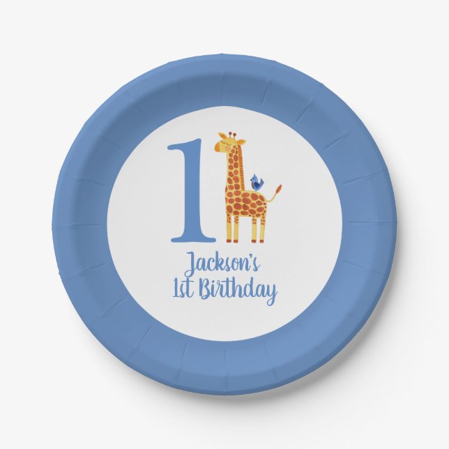 1st Birthday Giraffe & Bird Paper Plates (Front)