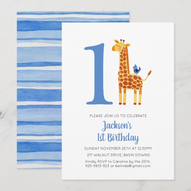 1st Birthday Giraffe & Bird Striped Party Invitation (Front/Back)