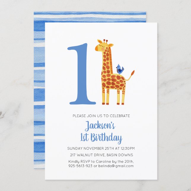 1st Birthday Giraffe & Bird Striped Party Invitation (Front/Back)