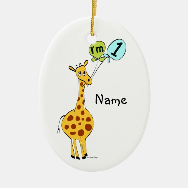 1st Birthday Giraffe with Balloons Ceramic Ornament (Front)