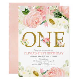 1st birthday girl, blush pink gold floral elegant invitation