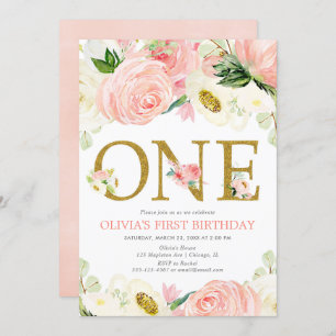 1st birthday girl, blush pink gold floral elegant invitation