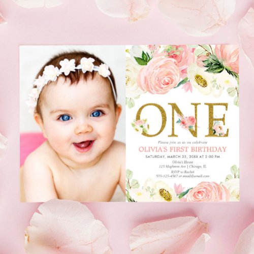 1st birthday girl blush pink gold floral photo invitation