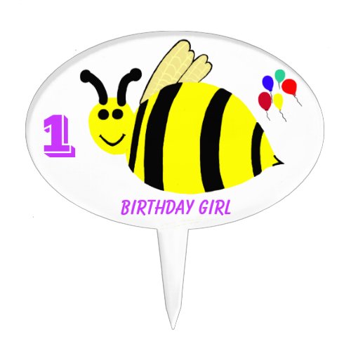 1st Birthday Girl Bumble Bee  Balloons Cake Pick