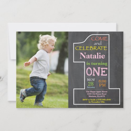 1st Birthday Girl Chalkboard Photo Invitation