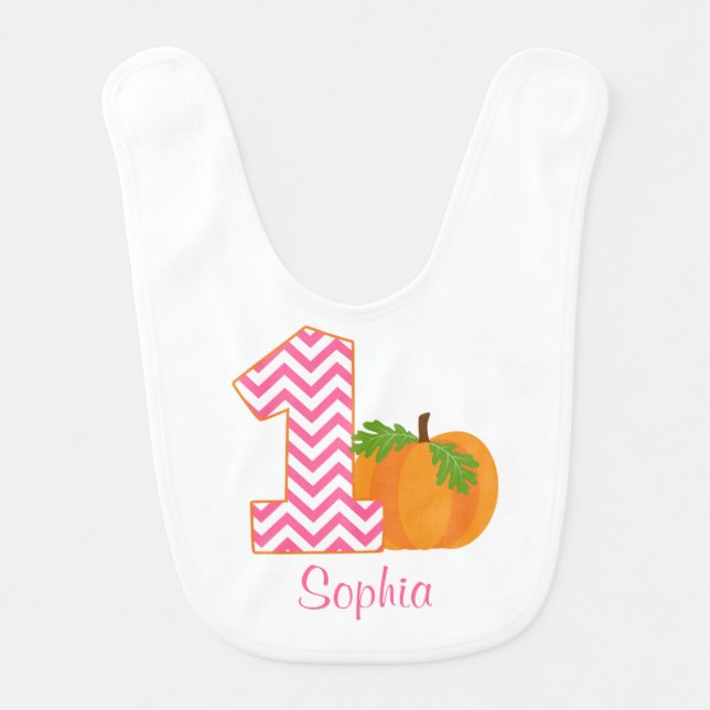 1st Birthday Girl Chevron Pumpkin Personalized Baby Bib (Front)