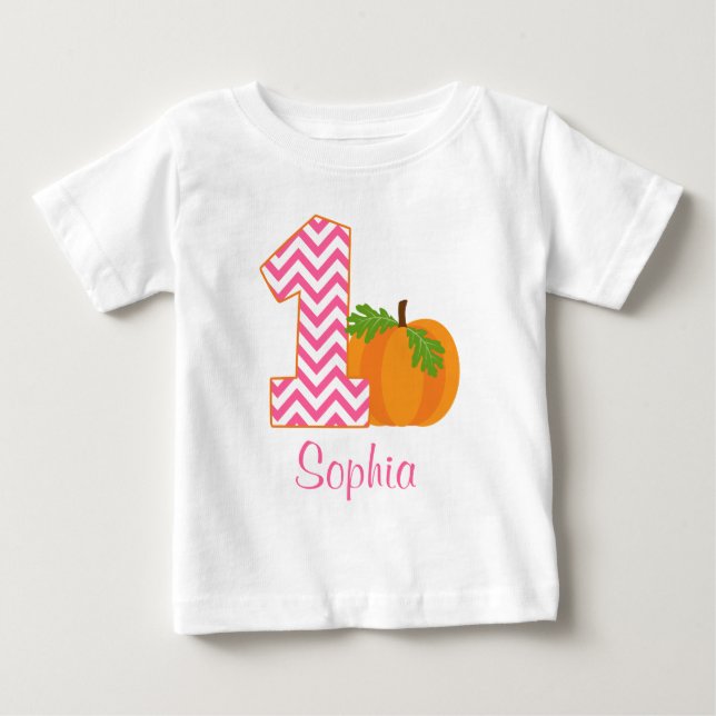1st Birthday Girl Chevron Pumpkin Personalized Baby T-Shirt (Front)