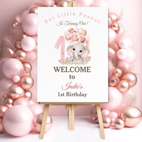 1st Birthday Girl Cute Elephant Pink Welcome Foam Board