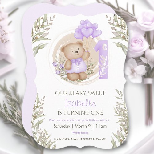 1st Birthday Girl Cute Teddy Bear Purple Balloons Invitation