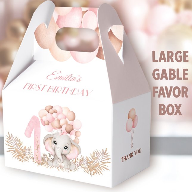 1st Birthday Girl Elephant Pink Balloons Large Favor Boxes (Pink Elephant Large Gable Favor Boxes - You can choose from 3 sizes of these gable favor boxes)