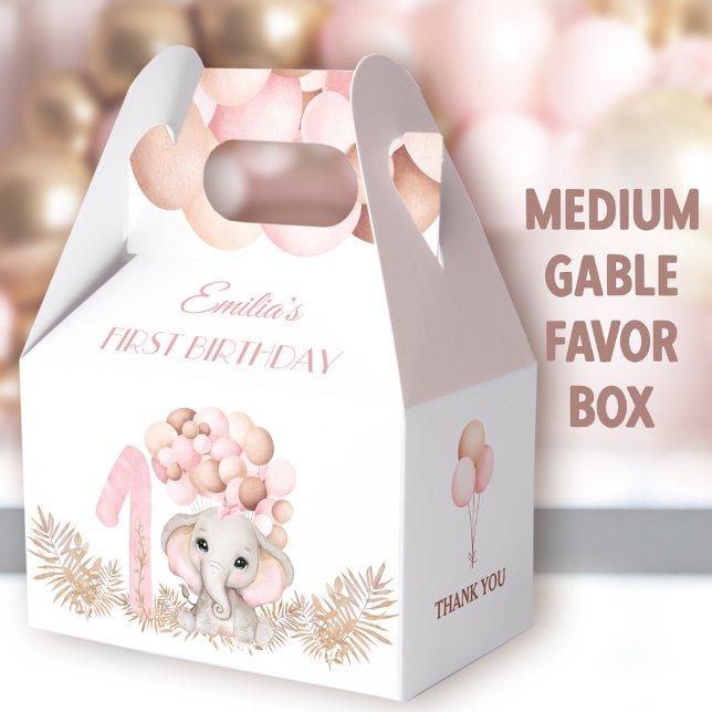 1st Birthday Girl Elephant Pink Balloons Medium Favor Boxes (Pink Elephant Medium Gable Favor Boxes - You can choose from 3 sizes of these gable favor boxes)