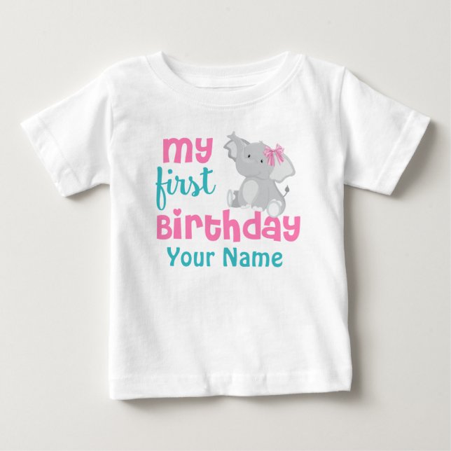 1st Birthday Girl Elephant Pink Personalized Baby T-Shirt (Front)