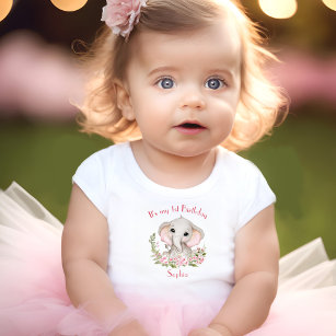 1st Birthday Girl Elephant Pink Personalized Name Baby T-Shirt
