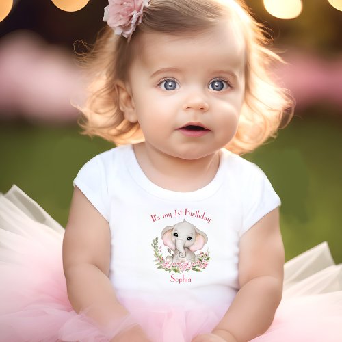 1st Birthday Girl Elephant Pink Personalized Name Baby T_Shirt