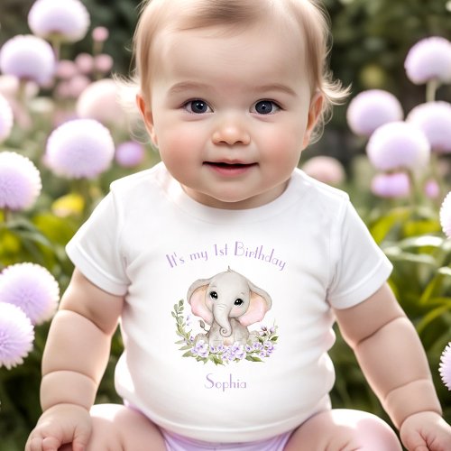 1st Birthday Girl Elephant Purple Custom Name Baby T_Shirt
