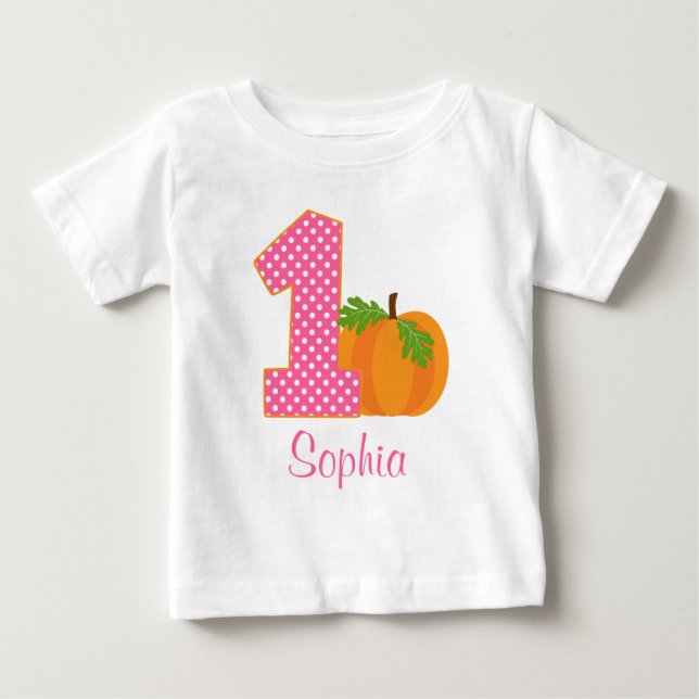 1st Birthday Girl Fall Pumpkin Personalized Baby T-Shirt (Front)